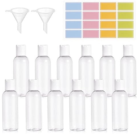 Silver 30ml Travel Bottles, 12pcs Clear Refillable Containers with 2 Funnels and Colorful Labels, Reusable Plastic Bottles for Shampoo, Lotions, Cosmetics