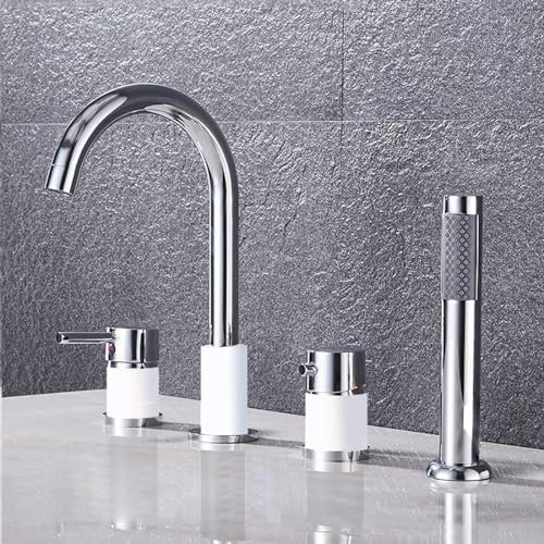 XJTNLB 4-Loch-Badewannenarmatur mit Handbrause, Einhebelmischer Dusche Duschbatterie Modern 360° Drehbar Dusche Badewanne Armaturen Set Weiß+Chrom