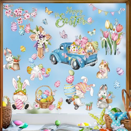 decalmile Autocollants Fenêtre Pâques Lapin Anti-Collision Stickers Pâques Oeuf Fleur Gnome Stickers Vitre Anti-Adhésifs Fenêtre Porte Chambre Enfants Décalques