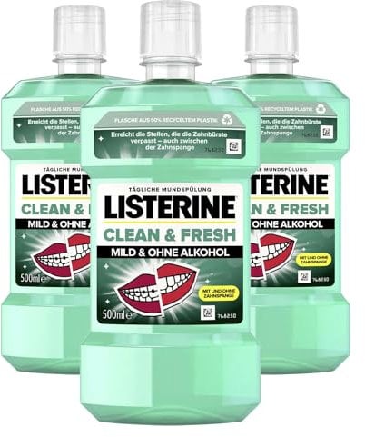 3x LISTERINE Clean & Fresh je 500ml Mundspülung ohne Alkohol mit ätherischem Öl