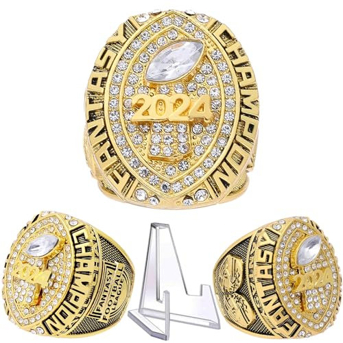noblehead 2024 Fantasy Football Championship Ring | Heavy FFL Champion Ring | Gold Silber Tone Plated Award Trophy for Fantasy Football League Winner (Größe 12, Ring und Stand Together)