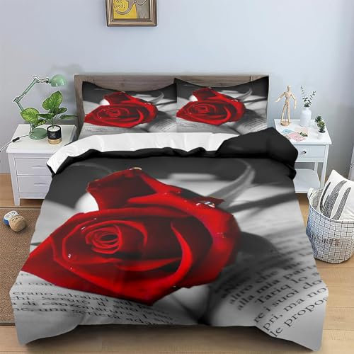 WEQEER Bettwäsche Rot Rose Bettbezug Set Mit Reißverschluss Rote Rose Blumen Muster Bettwäsche 135x200cm 3D Rote Rosa Rose Blumen Bettwäsche Für Erwachsene Kinder (5,135x 200 cm)
