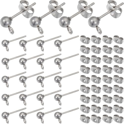 SOFPLATE 1 Scatola 100 Pezzi Orecchini A Bottone A Sfera Alla Ricerca di Perni per Orecchini Ipoallergenici Orecchini A Bottone In Acciaio Inossidabile Argento con Retro A Farfalla e Posti per Orecchi
