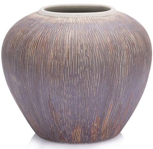 Rustikale Terrakotta-Vase mit Holzmaserung, große runde Keramikvasen für Bauernhaus, Heimdekoration, breite Öffnung, brauner Tonkrug, Vintage-Keramikvasen für Wohnzimmer, Küche, Tischdekoration