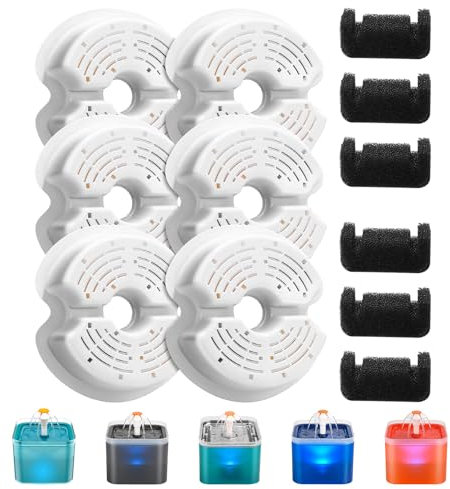 Filtros de Fuente para Gatos, AONBOY 6 Piezas de Filtros + 6 Piezas Esponjas de Filtros de Bebedero Gatos, Triple Filtración (Filtros), Filtrar los Pelos Sueltos (Esponjas), Adecuado para la F2