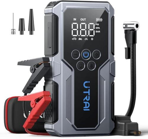 UTRAI Booster Batterie Voiture, 4500A Demarreur Batterie Voiture avec Gonfleur 150 PSI, Jump Starter Voiture avec Charge Rapide de 18W, Un éclairage LED et Un écran LCD, Convient 8.5L Gas/6.5L Diesel
