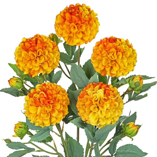 Hollyone Artificial Ball Dahlia Flowers, Set of 5 | 24.8 Tall Silk Dahlia Stems with 5 Buds, 4.7 Orange Fake Blooms Faux Flowers for Home Decor, Centerpiece, Wedding, Floral Arrangements