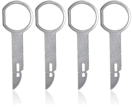 Car Radio Release Keys Extraction Tool, 4 pieces Car Radio Removal Tool Key, Stainless Steel Pins Radio Adapter Disassembly, Disc Head Unit CD Player Pins Tools, Compatible with vehicles, Silver