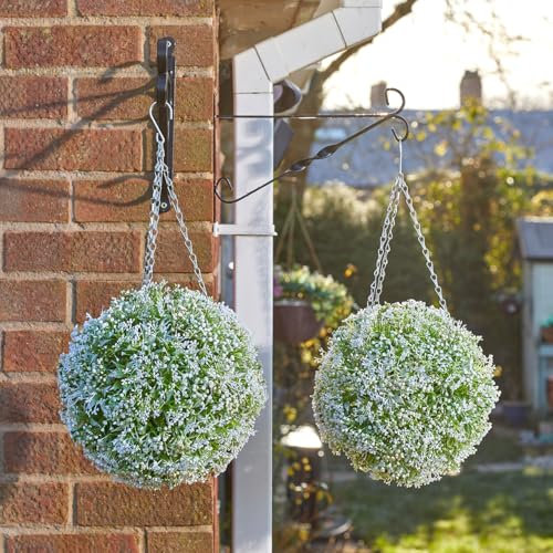 mysmartbuy.com Set of 2 Artificial Gypsophila Topiary Balls – Weather & UV Resistant Indoor Outdoor Home Garden Round Faux Fake Green Plant with Removable Hanging Chain – Each 30cm Diameter