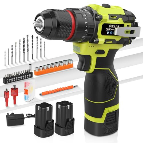 VOERJIA 16.8V Cordless Drills, Battery Drill with 2*2000mAh Batteries, 50N.m Max Hammer Drill, 20+3 Torque Electric Drills, 3/8 Chuck & 2 Spees LED Brushless Drill Set, 34Pc DIY Power Tools for Home