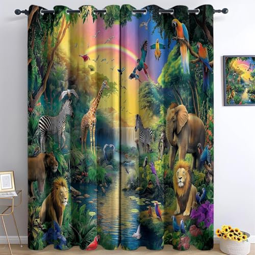 Generisch Blickdicht Vorhang Ösenschal Verdunkelungsvorhang 3D Cartoon-Stil Dschungel Tiere Gardinen Kinderzimmer Wohnzimmer Thermovorhang Polyester Vorhänge 183 x 117 cm 2Er Set
