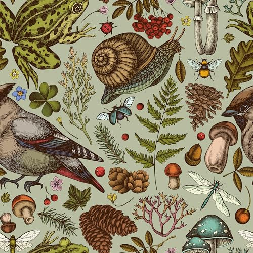 Mysterious Forest Hand Painted Peel and Stick Wallpaper,44.5×300cm Plants and Animals Wallpaper Light Green Background Removable Self Adhesive Wallpaper Bedroom Livinroom Waterproof Vinyl Wallpaper