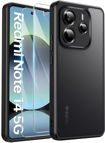 FLLAO Matt Handyhülle für Xiaomi Redmi Note 14 5G Hülle und 2 Schutzfolie, mit Kameraschutz [Militärnorm Schutz] urchscheinende PC Rückseite TPU Bumper Hülle für Redmi Note 14 5G- Schwarz