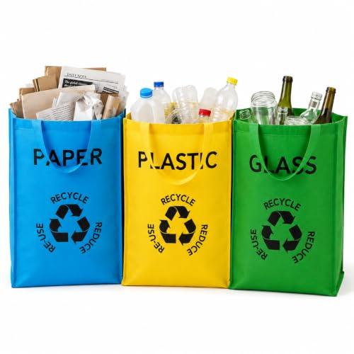 Recycling Bags Set of 3 Heavy Duty Colour Bin Bags For Recycling Reusable Paper Plastic Storage Kitchen Sack Plastic Glass Paper Recycling Bags Waste Bin Sack