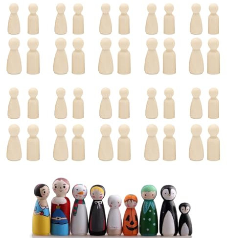 Zzcy 40 Stück DIY Holzfiguren zum Bemalen 2 Stile Spielfiguren Puppen zum Anmalen Natur Holzfiguren Puppen Leere Holzkegel für Hochzeiten,Geburtstage und Partys Dekoration(43+55mm)