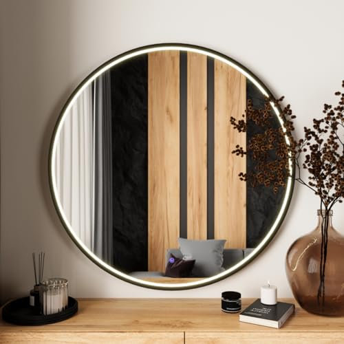 Planetmöbel VELUNA Badspiegel mit Beleuchtung rund 100x100 Badezimmerspiegel Spiegel mit licht dimmbar Touchschalter, 3 Lichtstufen, Spiegel mit Rahmen