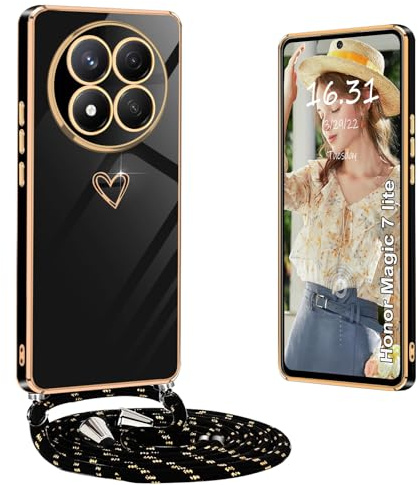 Yutwo Coque pour Honor Magic 7 Lite avec Cordon, Coque pour Honor Magic 7 Lite avec Collier Housse avec Coeur Motif Antichoc Case, Noir