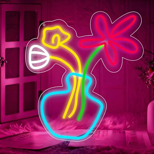 Blumen Vase Neon Schild, LED Bunt Flower Vase Neon Sign für Wand Deko, Dimmbare Neonlichter USB Power für Schlafzimmer Wohnzimmer Home Bar Hochzeit Geburtstags Party