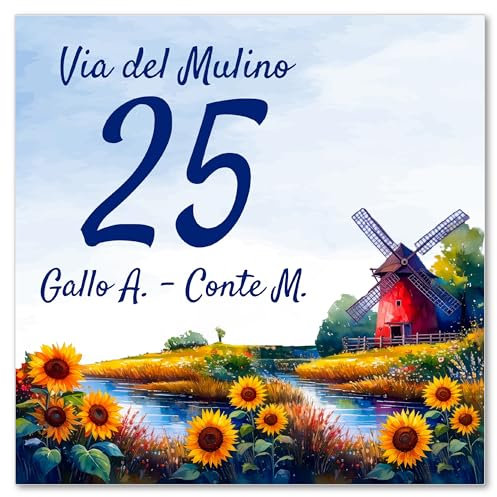 Caribu design Numero Civico Personalizzato da Esterno - Mattonella Ceramica 15,2x15,2 cm Targa Personalizzabile Casa Villa con Indirizzo Via Nome Famiglia Testo - Piastrella Quadrata Campagna Girasoli