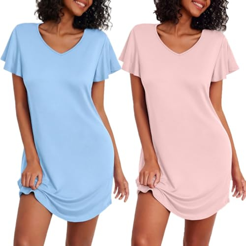 Ekouaer Chemises de Nuit Manches Courtes Femme 2 pièces Jersey Chemise de Nuit Fleuri/uni S-XXL