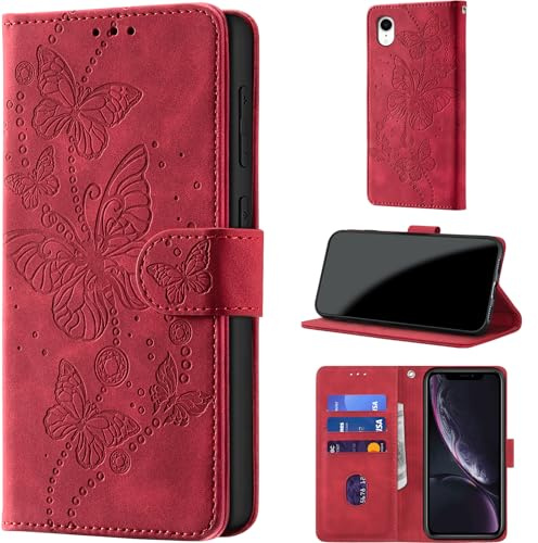 for iPhone XR Wallet Case Flip, Red | RFID Blocking, 3 Card Holder Stand, Shockproof TPU Shell, PU Leather Magnetic Closure