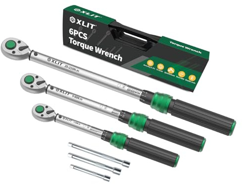 XLIT Set di 6 chiavi dinamometriche professionali a scatto – 1/4 3/8 1/2 pollici Set con 3 estensioni – 1 – 220 Nm, precisione ±3% – per riparazione auto, moto e biciclette