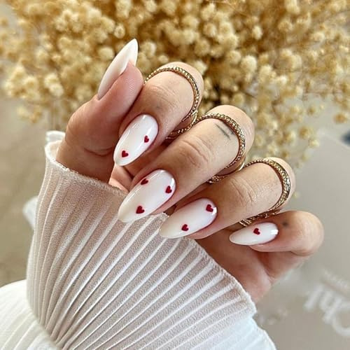 24pcs White Press On Nails Almond - White Red Heart False Nails Medium Length - Acrylic Fake Nails with Glue - Stick on Nails for Women Valentine's day