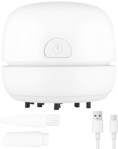DUSEKI Desktop Vacuum Cleaner Mini Table Dust Sweeper USB Rechargeable 360° Rotatable Handheld Cordless Dust Cleaner Portable for Home, School, Office, Keyboard (White)
