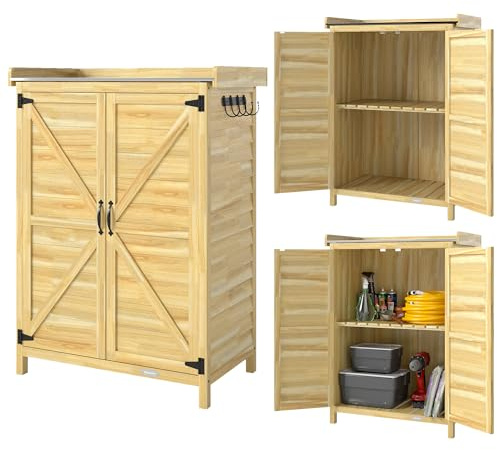 Outsunny Armoire de Jardin, Armoire extérieure de Rangement en Bois avec étagère et Crochets, Plan de Travail en métal galvanisé, Table de rempotage pour Balcon, terrasse, 71,5x39x95cm, Bois Naturel