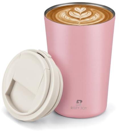 13oz Insulated Travel Coffee Mug, Iced Coffee Cups with Lids, Pink White | Leak Proof Stainless Steel Vacuum Insulated Cupholder Friendly BPA-Free One-Touch Open Reusable Portable Coffee Tumbler