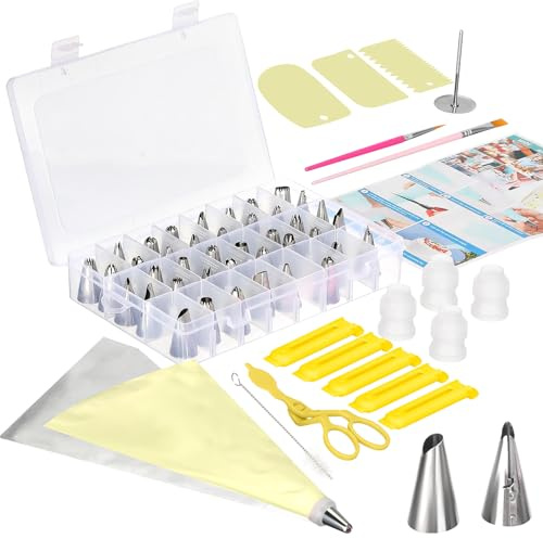 VINATO Poche a douille patisserie 83 Pièces, Set de Douilles en Acier Inoxydable, Sac à Pâtisserie et Boîte de Rangement, Accessoire pour Gâteaux, Cupcakes et Décoration Jaune