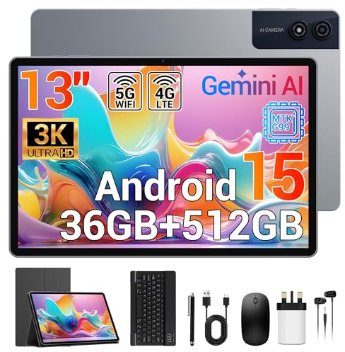 Tablet 13 Inch, 3K Dsiplay, 36GB RAM 512GB ROM/TF 1TB, Octa-Core Gaming Tablet, 4G LTE Dual SIM+5G WiFi, Widevine L1, Android 15 Tablets, Metal Body, GPS/11580mAh/13MP, with Keyboard/Mouse/Case/Pen