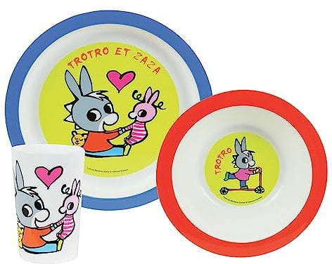 FUN HOUSE 005802 TROTRO Kindergeschirr-Set bestehend aus Teller, Schüssel und Glas