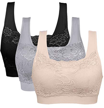 Vertvie Womens Strech Ohne Buegel Push up Yoga Sports BH Bra Top Set Fuer Fitnesstraining Polsterung 3er Pack(EU XL/Tag 2XL,Schwarz+Haut+Hellgrau)