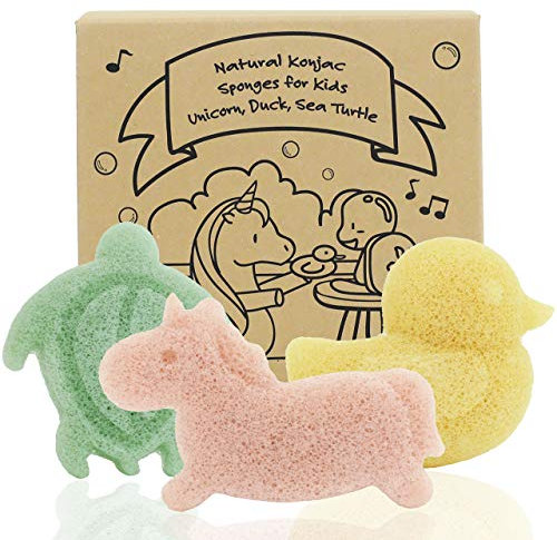 myHomeBody Eponge de bain Konjac pour bébé, éponges de bain naturelles aux formes mignonnes pour les nourrissons et les tout-petits, Set : Licorne, Canard et Tortue de Mer