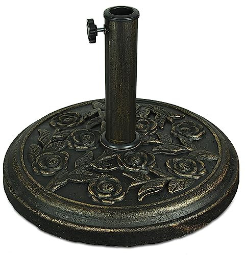 ASAB Garden Parasol Base Heavy Duty Umbrella Stand Outdoor Round Parasol Holder Patio Bronze Cast Iron Parasol Base With Floral Rose Pattern 9KG Easy to Assemble Durable Rustproof Parasol Stand