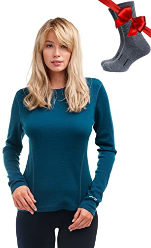 100% Merino Wool Base Layer Womens - Long Sleeve Thermal Shirts + Socks