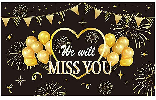 FINGERINSPIRE 180x110cm Wir Werden Dich Vermissen Banner Mit Hängendem Seil Schwarz & Gold Zum Weggehen Partyzubehör Hintergrund Rechteck Polyester Hängende Banner Zeichen Für Outdoor & Indoor Decor