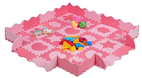 Relaxdays Puzzlematte 52-teilig, EVA Schaumstoff, schadstofffrei, 1,4 m², Spielmatte mit Rand, versch. Motive, pink/rosa