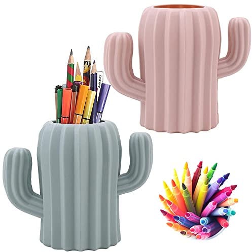 Pot à Crayons, 2 Pièces Porte Stylo de Bureau, Porte Pot Organisateur, Pot a Pinceau de Maquillage, Créatif Drôle Forme de Cactus Pot à Crayons pour Fournitures de Bureau, Coiffeuse (Rose, Vert)