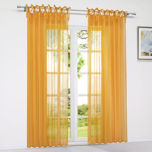 HeichkelL Unifarbige Gardine Transparent Vorhang für Wohnzimmer Schlaufenschal Fensterstores mit Schleife Gardinen Leinen Optik 1 Stück Orange BxH 140x245 cm