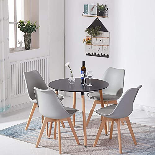 H.J WeDoo Essgruppe Esszimmertisch Esstisch Set 1 MDF Schwarz + 4 Modern Grau Esszimmerstühle, für Küche Esszimmer Konferenzzimmer