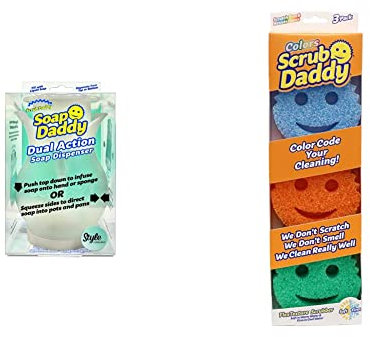 Scrub Daddy Dispenser, White, One Size & Colors, Multipack of Cleaning Sponges, Texture Changing Scratch-Free Dish, Kitchen and Washing Up Sponge, Odour Resistant, Dishwasher Safe, Multi Use Pack of 3