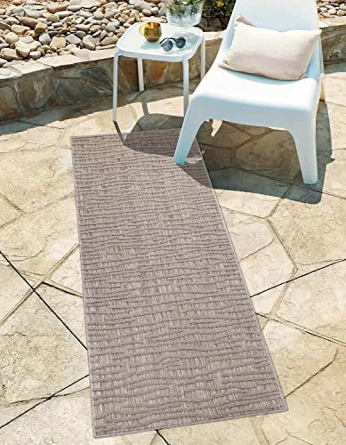 In-& Outdoor Teppich - Läufer 80x250 cm - für Innen-& Außenbereich - Wetterfest Balkon-Teppich, Terrasse, Flur, Küche - Wohnzimmer-Teppiche - Hochtief/ 3D-Effekt - Streifen-Muster in Braun