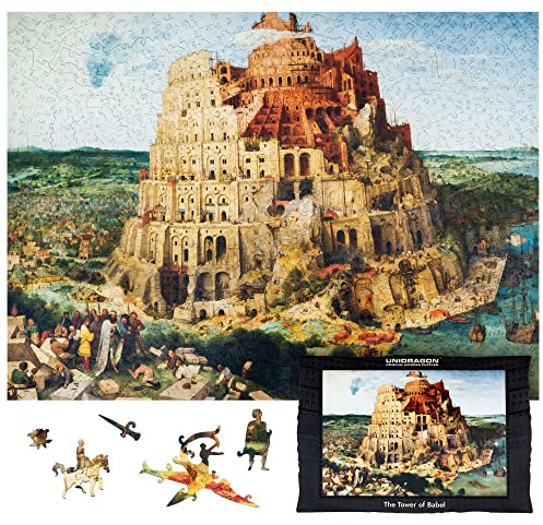 UNIDRAGON Holzpuzzle für Erwachsene - The Tower of Babel - 1000 Teile | 43.5 x 59.5 cm - Einzigartig geformte Puzzleteile - Lasergeschnittenes Holz - Holzgeschenkbox