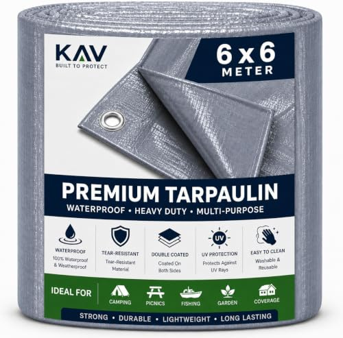 KAV Premium Tarpaulin Waterproof Heavy Duty Tarp with Eyelets Ground Sheet in Grey for Garden, Picnics, Camping, Fishing (6x6M)