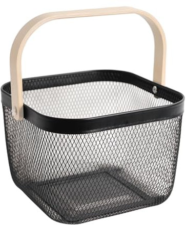 SANHSEHOME Metallgitter-Stahlkorb, Garten-Erntekorb zum Sammeln von Gemüse, Drahtkorb mit Griff, Aufbewahrung, Organizer, multifunktionaler Obstkorb für Küche, Badezimmer, Picknick (Quadrat Schwarz)