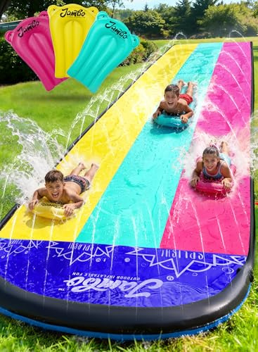 Jambo Premium XL 610cm Wasserrutsche mit 3 Bodyboards, robuste Wasserrutsche mit fortschrittlichem 3-Wege-Sprinklersystem, Outdoor Wasserspiel und Splash Pad für Kinder