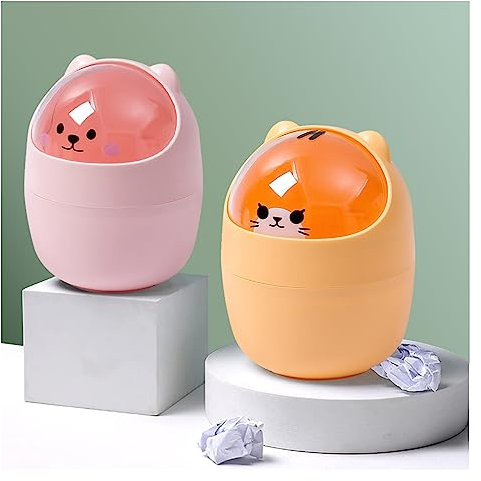 Suuwwn Karikatur Kleiner Bär Katze Tischmülleimer mit Schwingdeckel ,Kosmetikeimer Mini Mülleimer Stifthalter Schlafzimmer Dekorationen Bad den Schreibtisch Kosmetikeimer Papierkorb Abfalleimer (B)