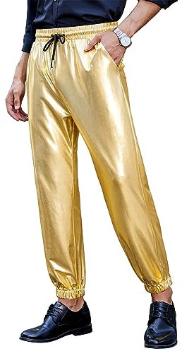 TURETRENDY Mens Metallic Shiny Disco Pants Drawstring Waist Party Nightclub Dance Rave Cosplay Tapered Trousers with Pockets, Gold, Small